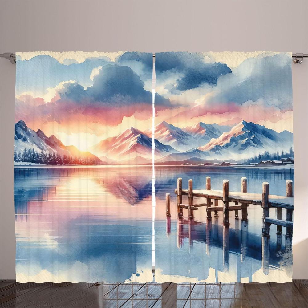 imageAmbesonne Lake Curtains Mountains Calm Nature Scenery Botanical Neutral Ornaments Illustration Living Room Bedroom Window Drapes 2 Panel Set 108quot X 96quot Pale Teal Tan and BrownPeach Blush Ceil Blue