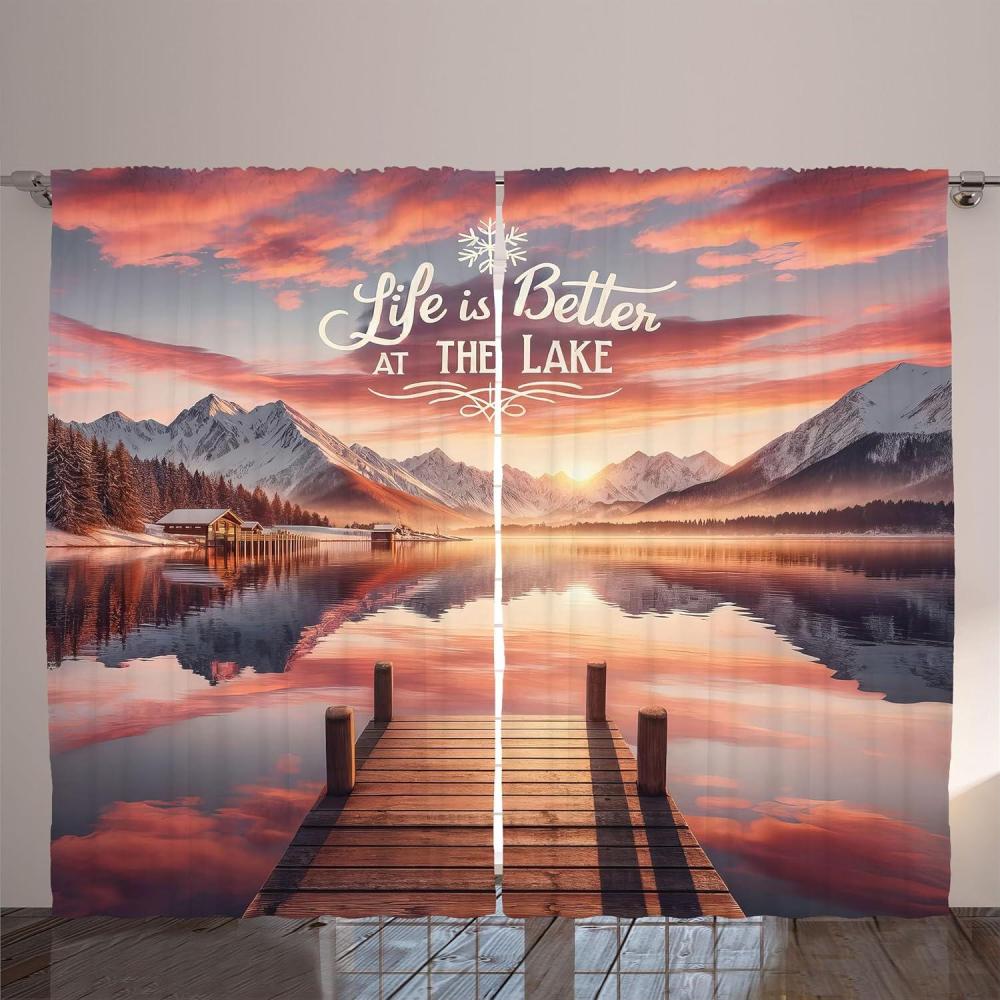imageAmbesonne Lake Curtains Mountains Calm Nature Scenery Botanical Neutral Ornaments Illustration Living Room Bedroom Window Drapes 2 Panel Set 108quot X 96quot Pale Teal Tan and BrownSalmon Purple Grey
