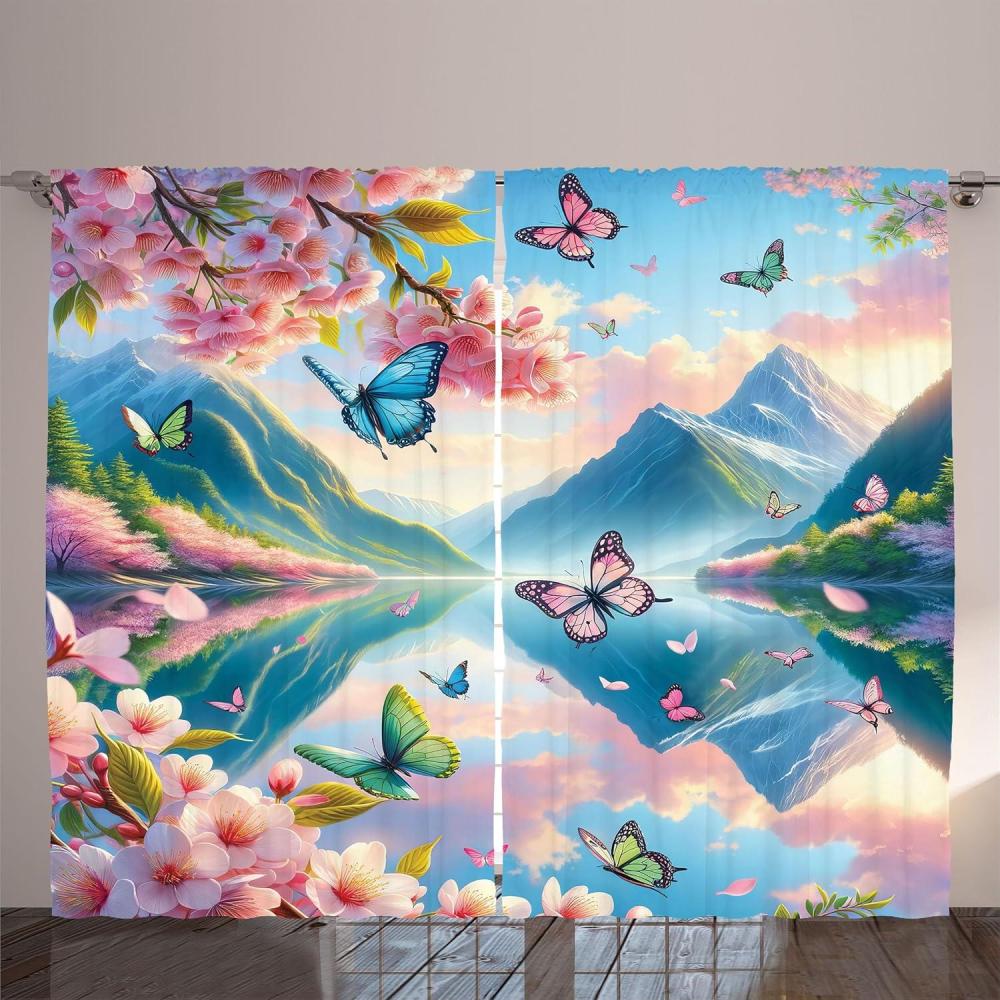 imageAmbesonne Lake Curtains Mountains Calm Nature Scenery Botanical Neutral Ornaments Illustration Living Room Bedroom Window Drapes 2 Panel Set 108quot X 96quot Pale Teal Tan and BrownPink Sky Blue Green