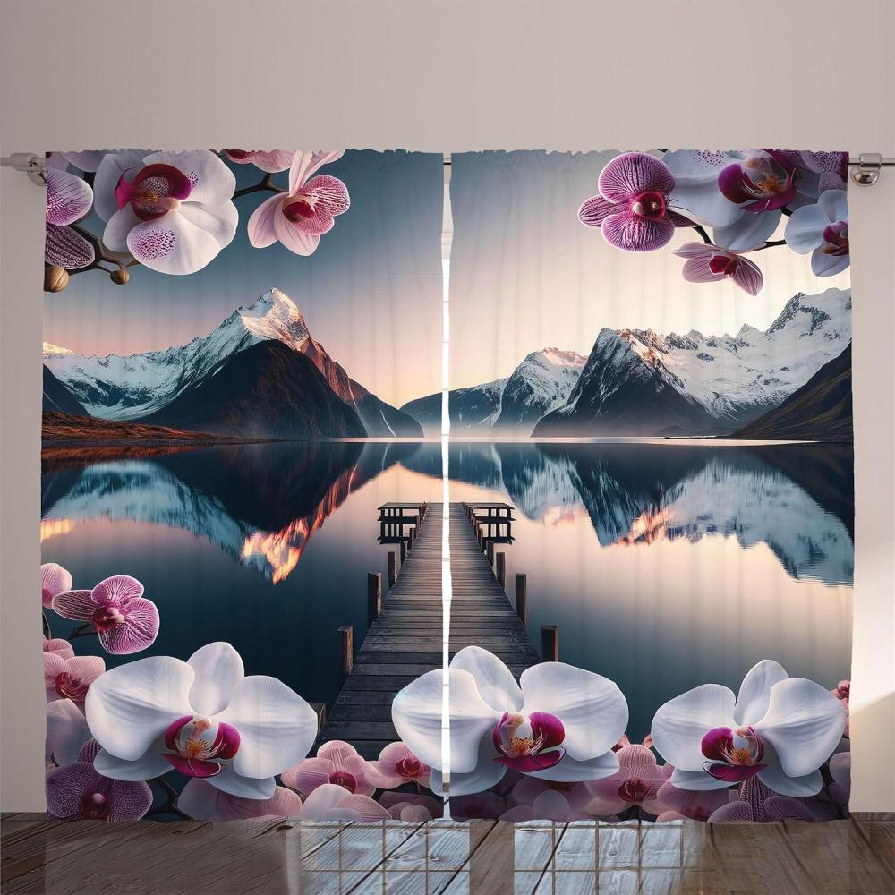 imageAmbesonne Lake Curtains Mountains Calm Nature Scenery Botanical Neutral Ornaments Illustration Living Room Bedroom Window Drapes 2 Panel Set 108quot X 96quot Pale Teal Tan and BrownPale Purple Petrol Blue