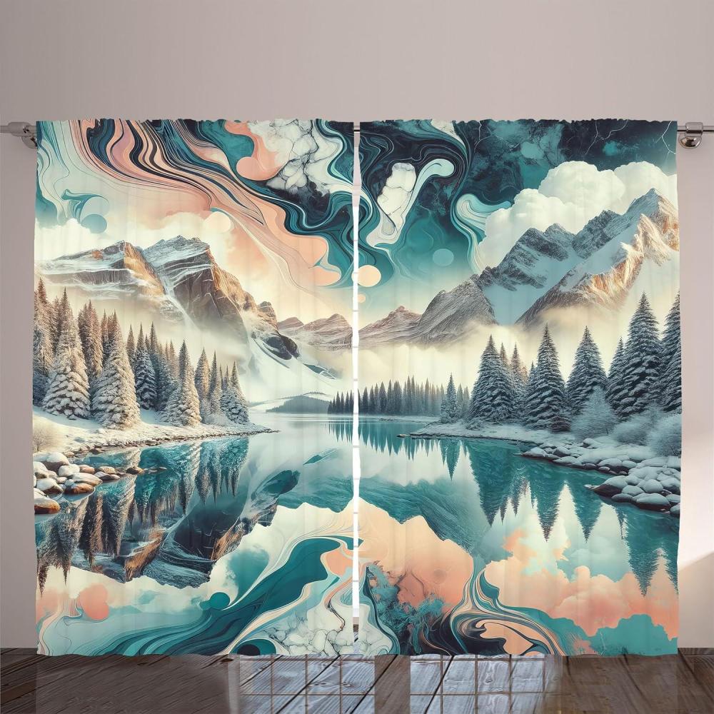 imageAmbesonne Lake Curtains Mountains Calm Nature Scenery Botanical Neutral Ornaments Illustration Living Room Bedroom Window Drapes 2 Panel Set 108quot X 96quot Pale Teal Tan and BrownCadet Blue Peach Teal