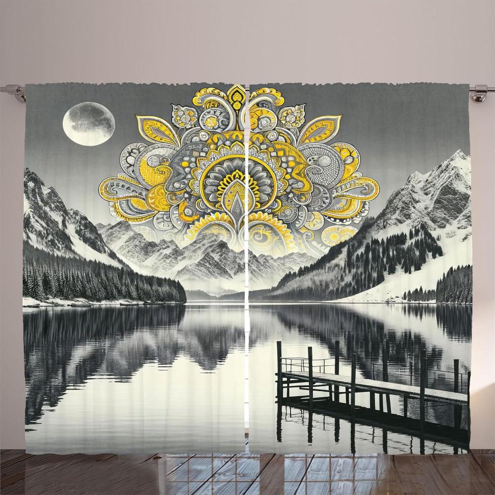 imageAmbesonne Lake Curtains Mountains Calm Nature Scenery Botanical Neutral Ornaments Illustration Living Room Bedroom Window Drapes 2 Panel Set 108quot X 96quot Pale Teal Tan and BrownYellow and Grey