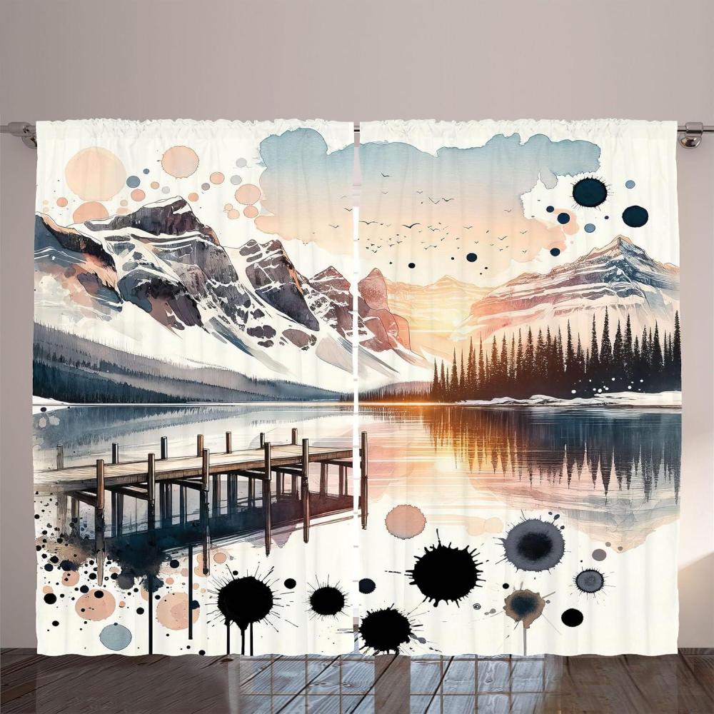 imageAmbesonne Lake Curtains Mountains Calm Nature Scenery Botanical Neutral Ornaments Illustration Living Room Bedroom Window Drapes 2 Panel Set 108quot X 96quot Pale Teal Tan and BrownPeach and Pale Slate Blue