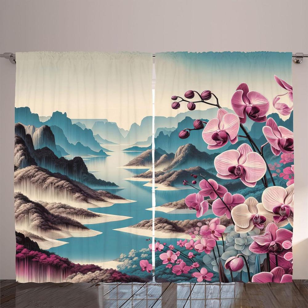 imageAmbesonne Lake Curtains Mountains Calm Nature Scenery Botanical Neutral Ornaments Illustration Living Room Bedroom Window Drapes 2 Panel Set 108quot X 96quot Pale Teal Tan and BrownPale Purple and Sea Blue