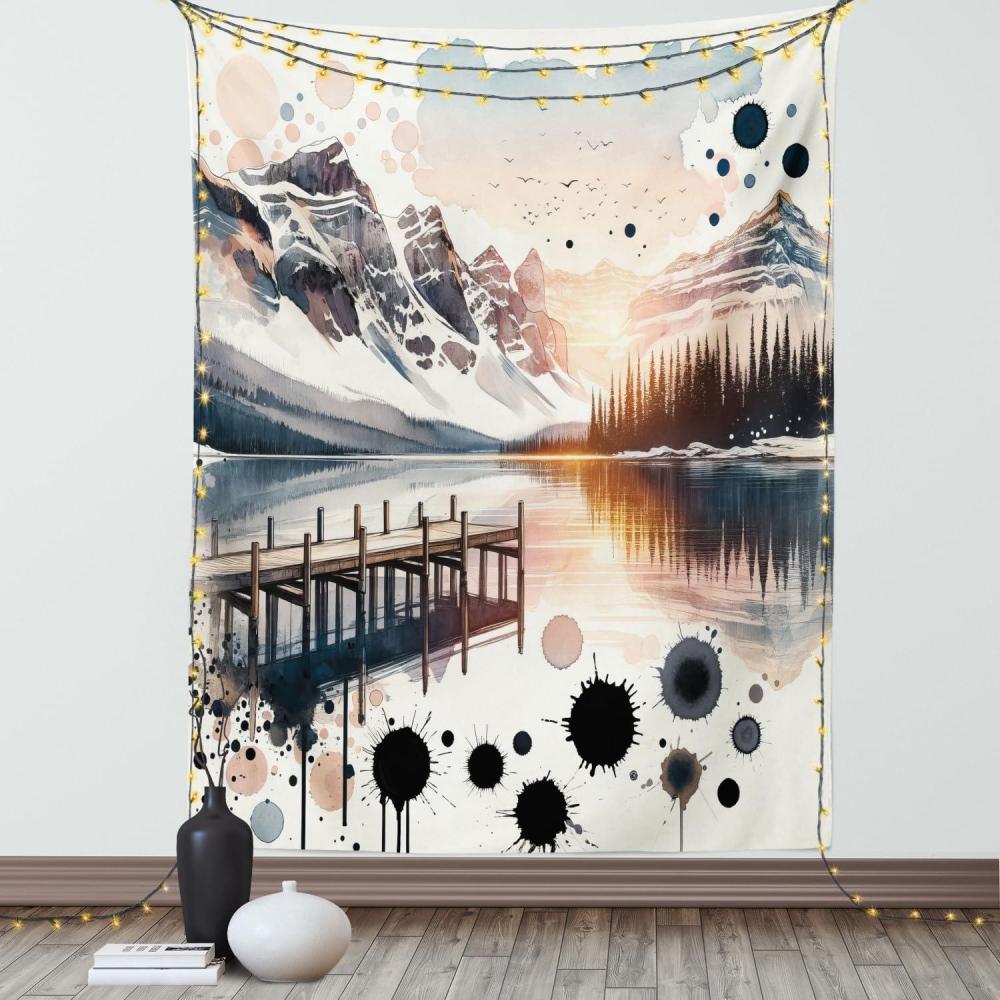 imageAmbesonne Lake Tapestry Mountains Calm Nature Scenery Botanical Neutral Ornaments Illustration Wall Hanging for Bedroom Living Room Dorm Decor 60quot X 80quot Pale Teal Tan and BrownPeach and Pale Slate Blue