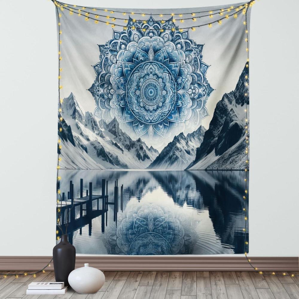 imageAmbesonne Lake Tapestry Mountains Calm Nature Scenery Botanical Neutral Ornaments Illustration Wall Hanging for Bedroom Living Room Dorm Decor 60quot X 80quot Pale Teal Tan and BrownNight Blue