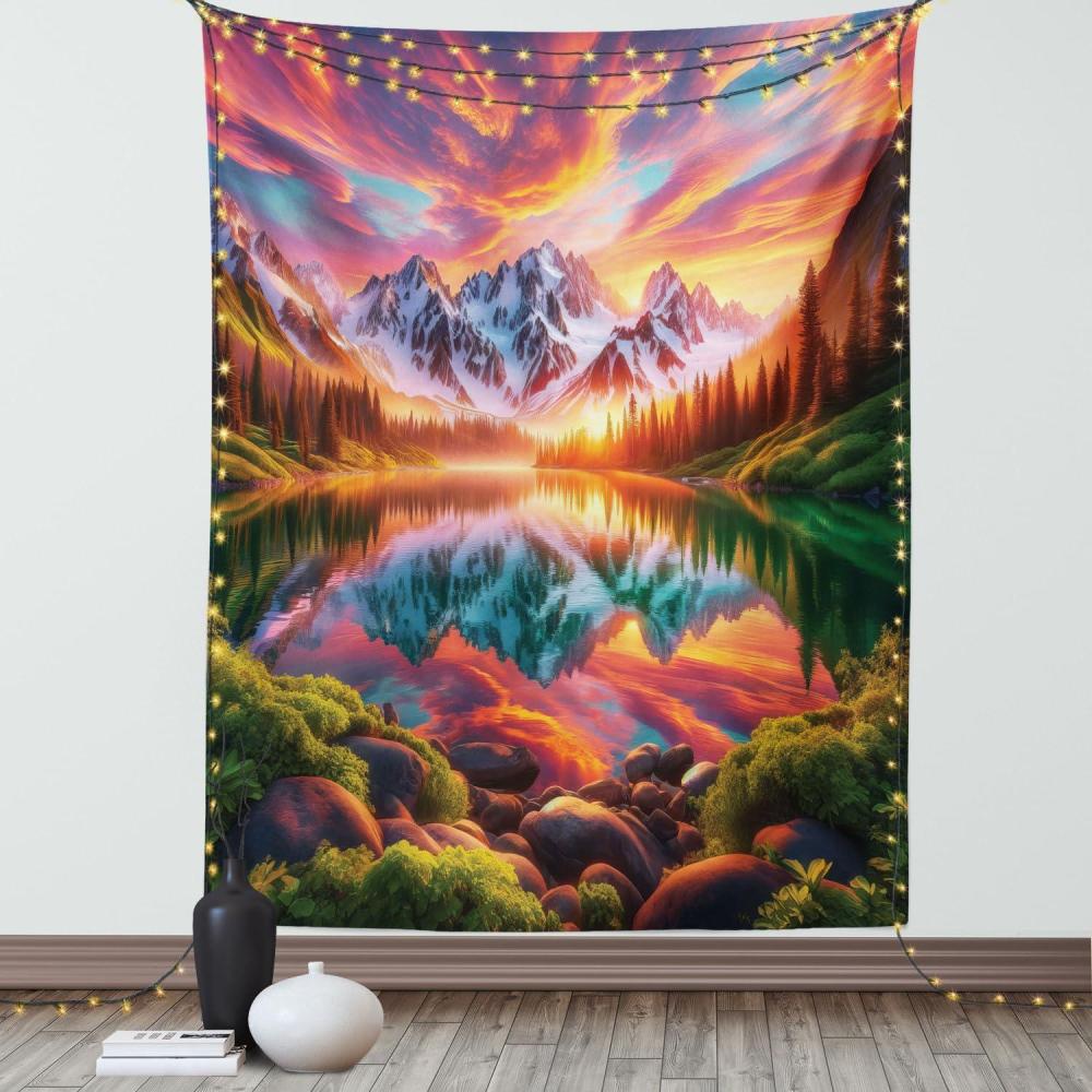 imageAmbesonne Lake Tapestry Mountains Calm Nature Scenery Botanical Neutral Ornaments Illustration Wall Hanging for Bedroom Living Room Dorm Decor 60quot X 80quot Pale Teal Tan and BrownBurnt Sienna Green Teal