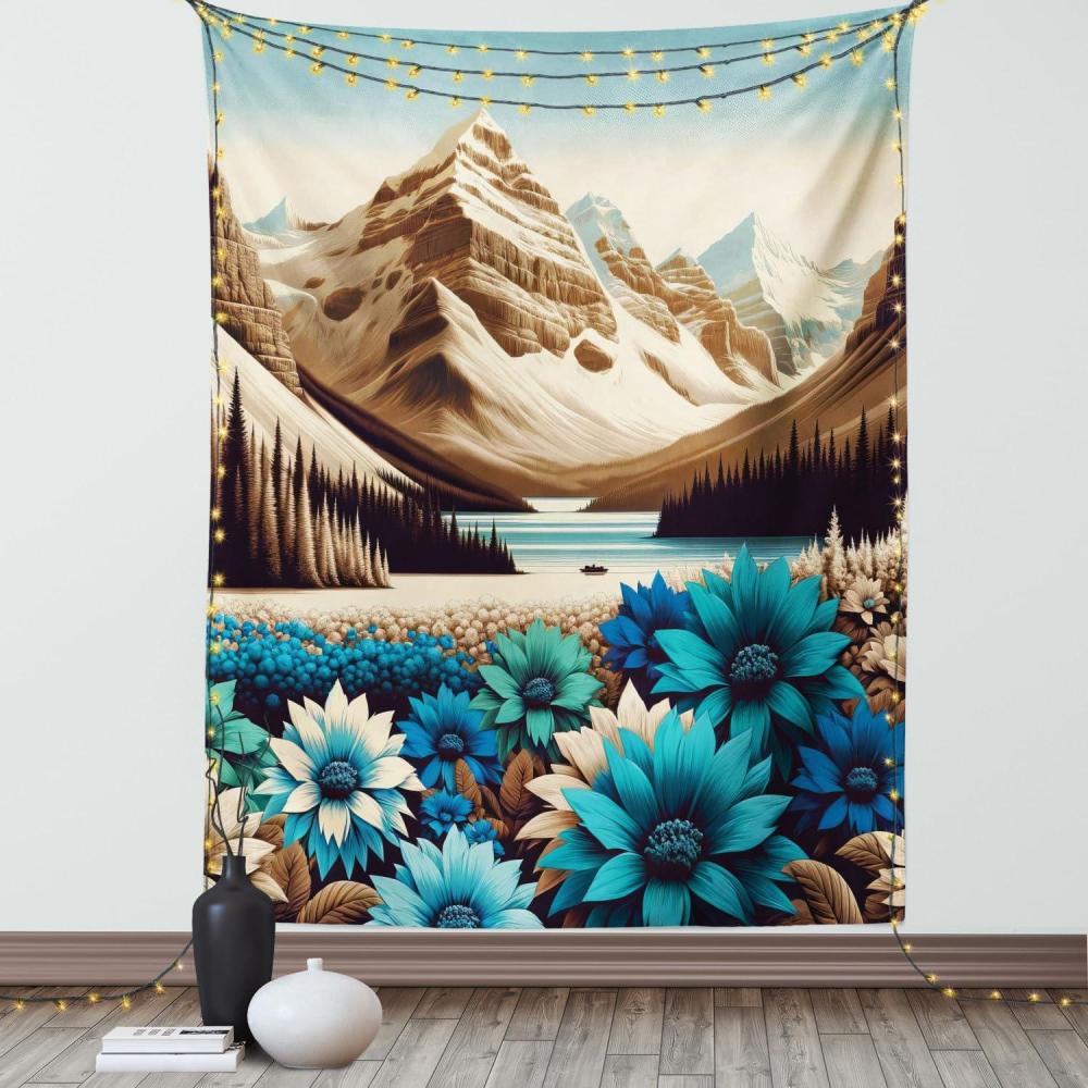 imageAmbesonne Lake Tapestry Mountains Calm Nature Scenery Botanical Neutral Ornaments Illustration Wall Hanging for Bedroom Living Room Dorm Decor 60quot X 80quot Pale Teal Tan and BrownPale Blue Pastel Brown