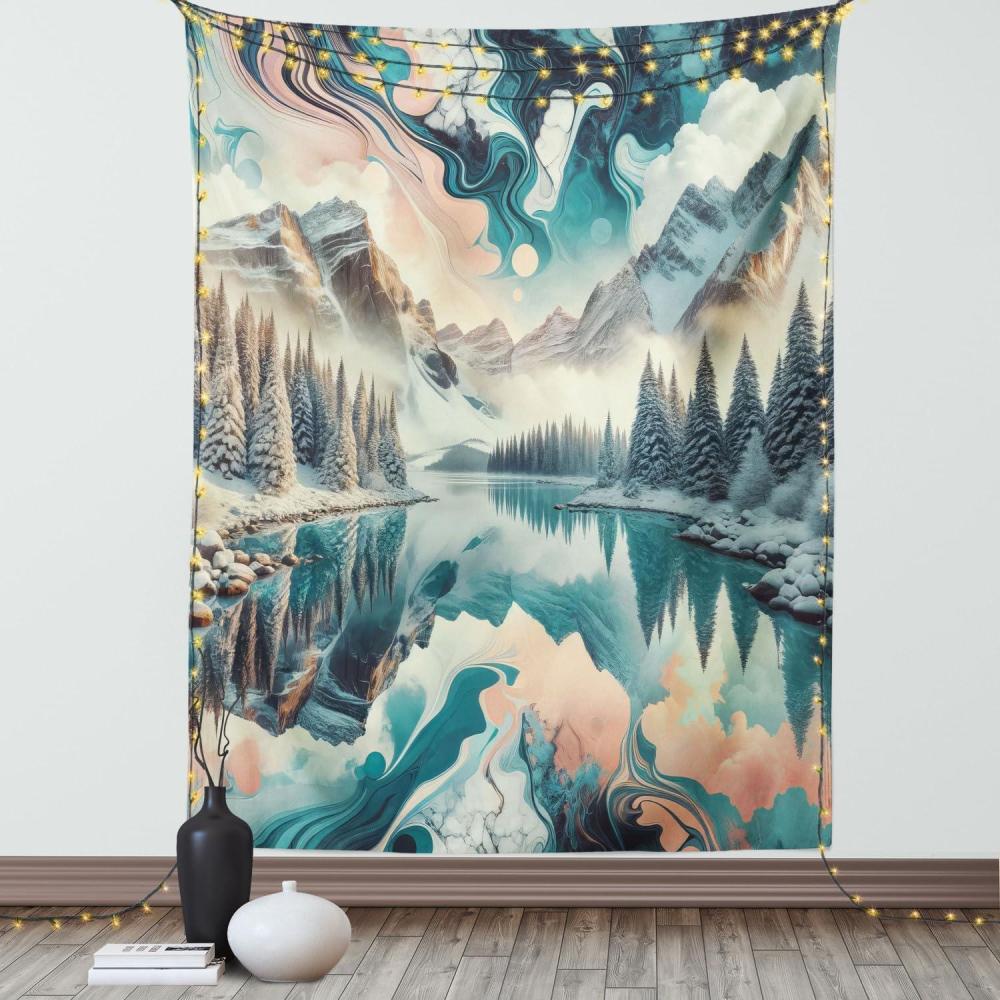 imageAmbesonne Lake Tapestry Mountains Calm Nature Scenery Botanical Neutral Ornaments Illustration Wall Hanging for Bedroom Living Room Dorm Decor 60quot X 80quot Pale Teal Tan and BrownCadet Blue Peach Teal