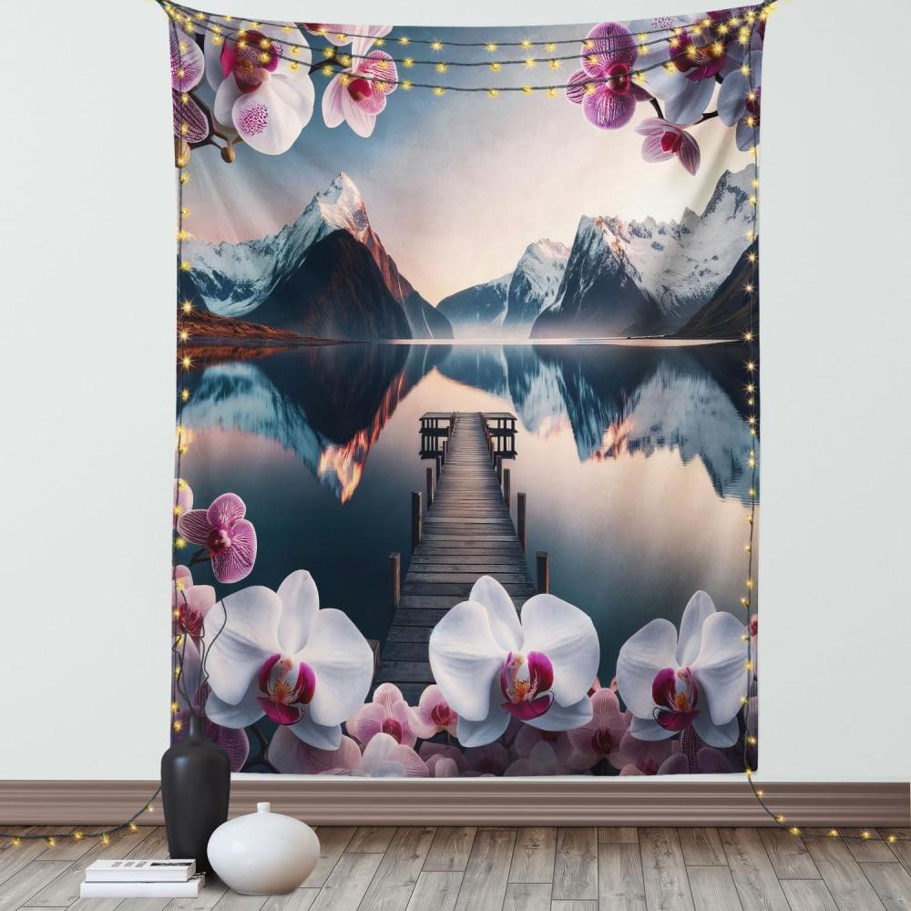 imageAmbesonne Lake Tapestry Mountains Calm Nature Scenery Botanical Neutral Ornaments Illustration Wall Hanging for Bedroom Living Room Dorm Decor 60quot X 80quot Pale Teal Tan and BrownPale Purple Petrol Blue