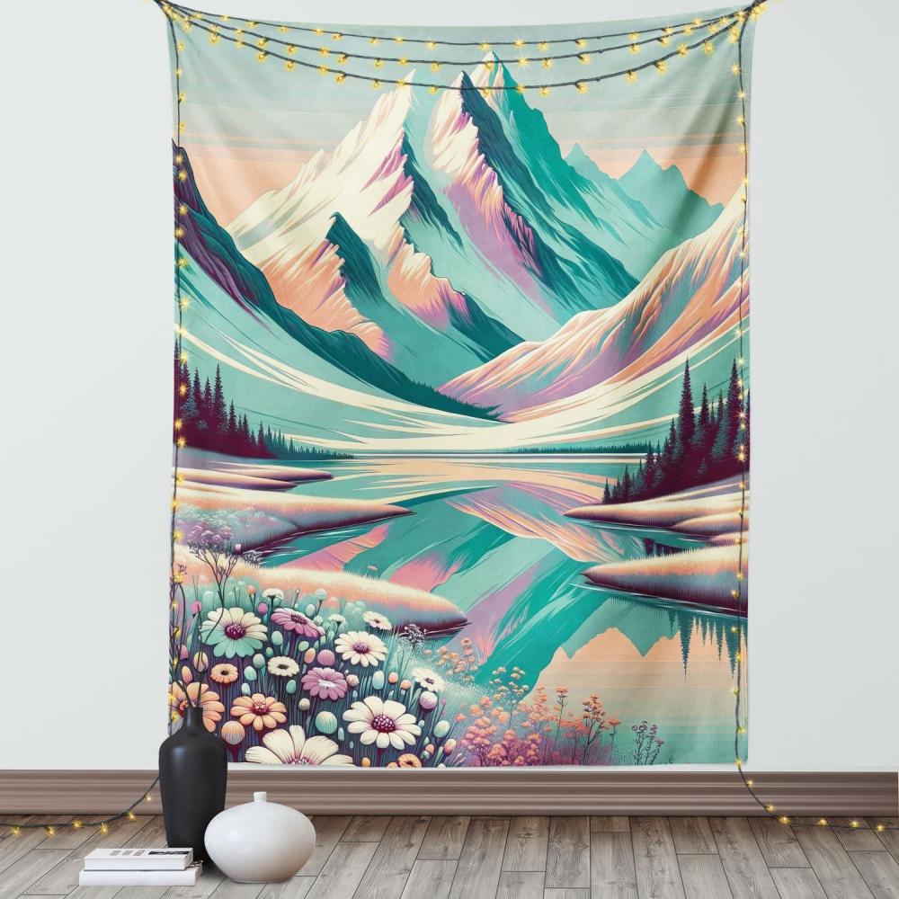 imageAmbesonne Lake Tapestry Mountains Calm Nature Scenery Botanical Neutral Ornaments Illustration Wall Hanging for Bedroom Living Room Dorm Decor 60quot X 80quot Pale Teal Tan and BrownSeafoam Coral Plum