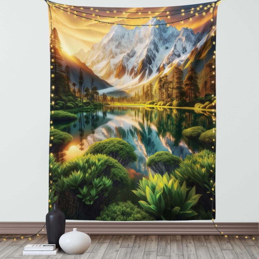 imageAmbesonne Lake Tapestry Mountains Calm Nature Scenery Botanical Neutral Ornaments Illustration Wall Hanging for Bedroom Living Room Dorm Decor 60quot X 80quot Pale Teal Tan and BrownPeach Green and Fawn