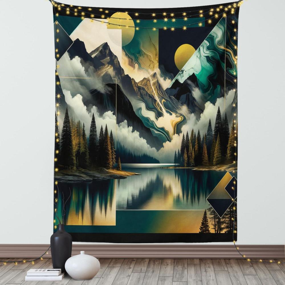 imageAmbesonne Lake Tapestry Mountains Calm Nature Scenery Botanical Neutral Ornaments Illustration Wall Hanging for Bedroom Living Room Dorm Decor 60quot X 80quot Pale Teal Tan and BrownTeal Earth Yellow Grey