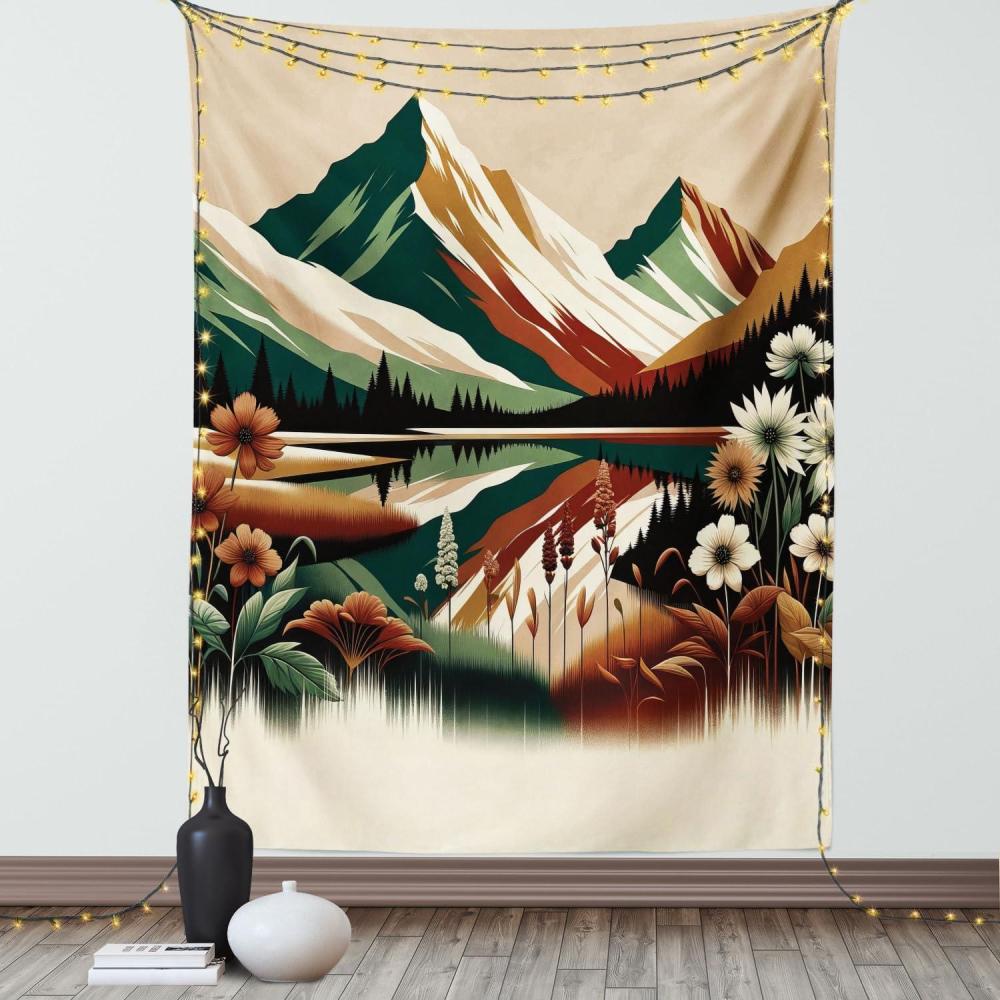 imageAmbesonne Lake Tapestry Mountains Calm Nature Scenery Botanical Neutral Ornaments Illustration Wall Hanging for Bedroom Living Room Dorm Decor 60quot X 80quot Pale Teal Tan and BrownHunter Green Pale Redwood