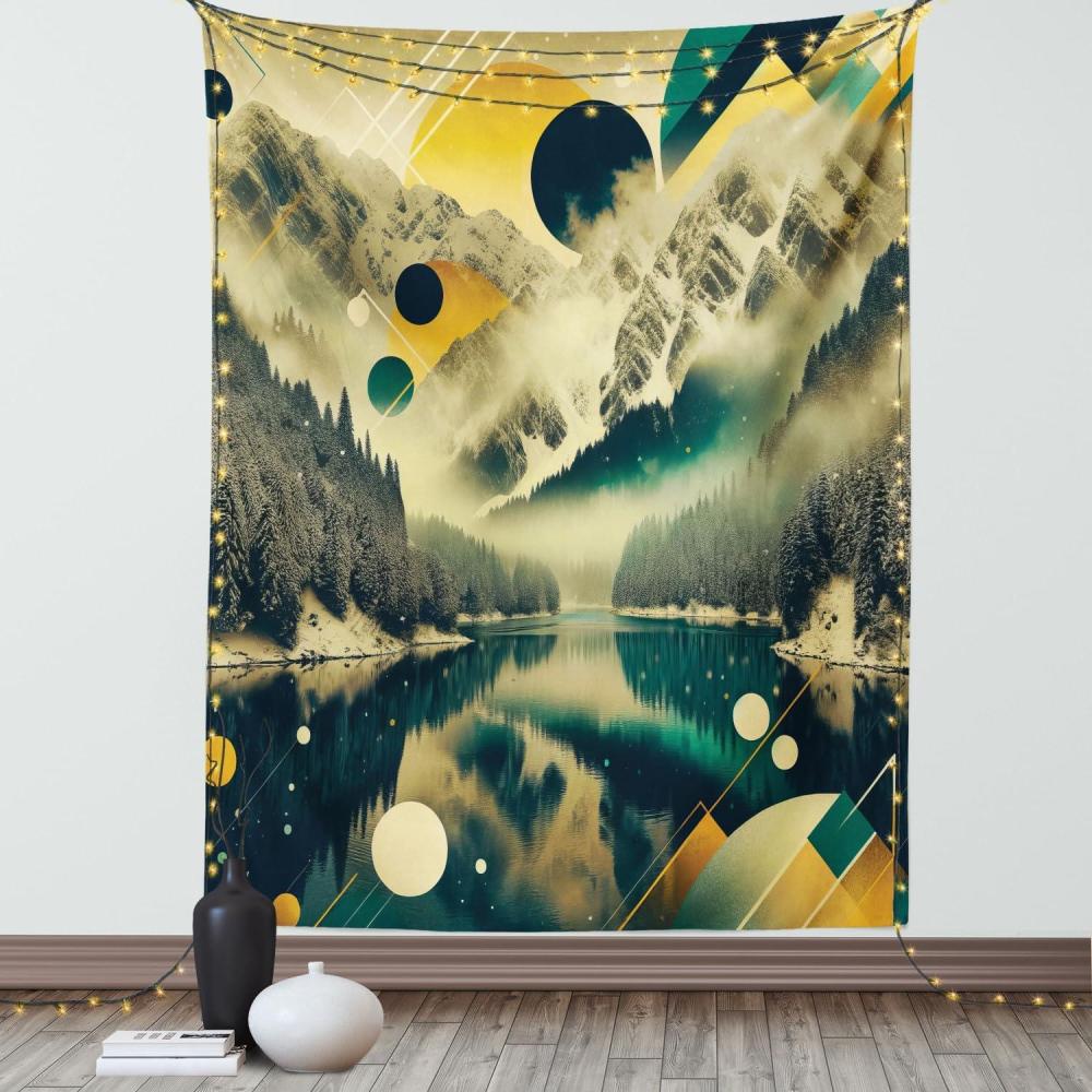 imageAmbesonne Lake Tapestry Mountains Calm Nature Scenery Botanical Neutral Ornaments Illustration Wall Hanging for Bedroom Living Room Dorm Decor 60quot X 80quot Pale Teal Tan and BrownEmerald Pale Green Amber