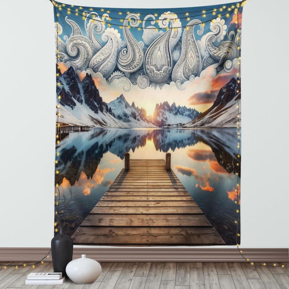 imageAmbesonne Lake Tapestry Mountains Calm Nature Scenery Botanical Neutral Ornaments Illustration Wall Hanging for Bedroom Living Room Dorm Decor 60quot X 80quot Pale Teal Tan and BrownSlate Blue and Peach
