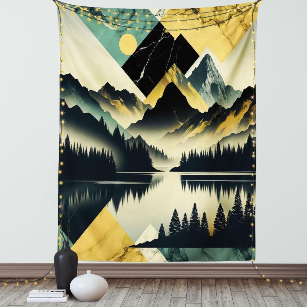 imageAmbesonne Lake Tapestry Mountains Calm Nature Scenery Botanical Neutral Ornaments Illustration Wall Hanging for Bedroom Living Room Dorm Decor 60quot X 80quot Pale Teal Tan and BrownDark Green Teal Khaki
