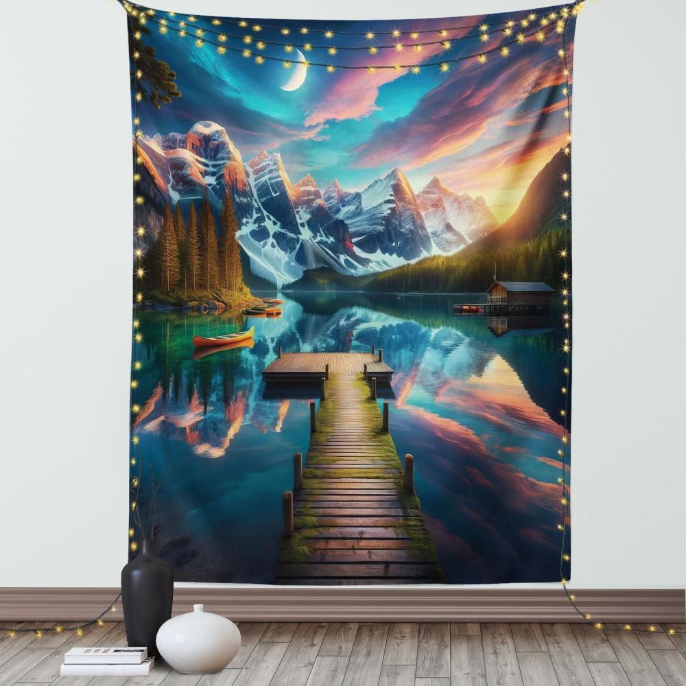 imageAmbesonne Lake Tapestry Mountains Calm Nature Scenery Botanical Neutral Ornaments Illustration Wall Hanging for Bedroom Living Room Dorm Decor 60quot X 80quot Pale Teal Tan and BrownCoral Dark Turquoise