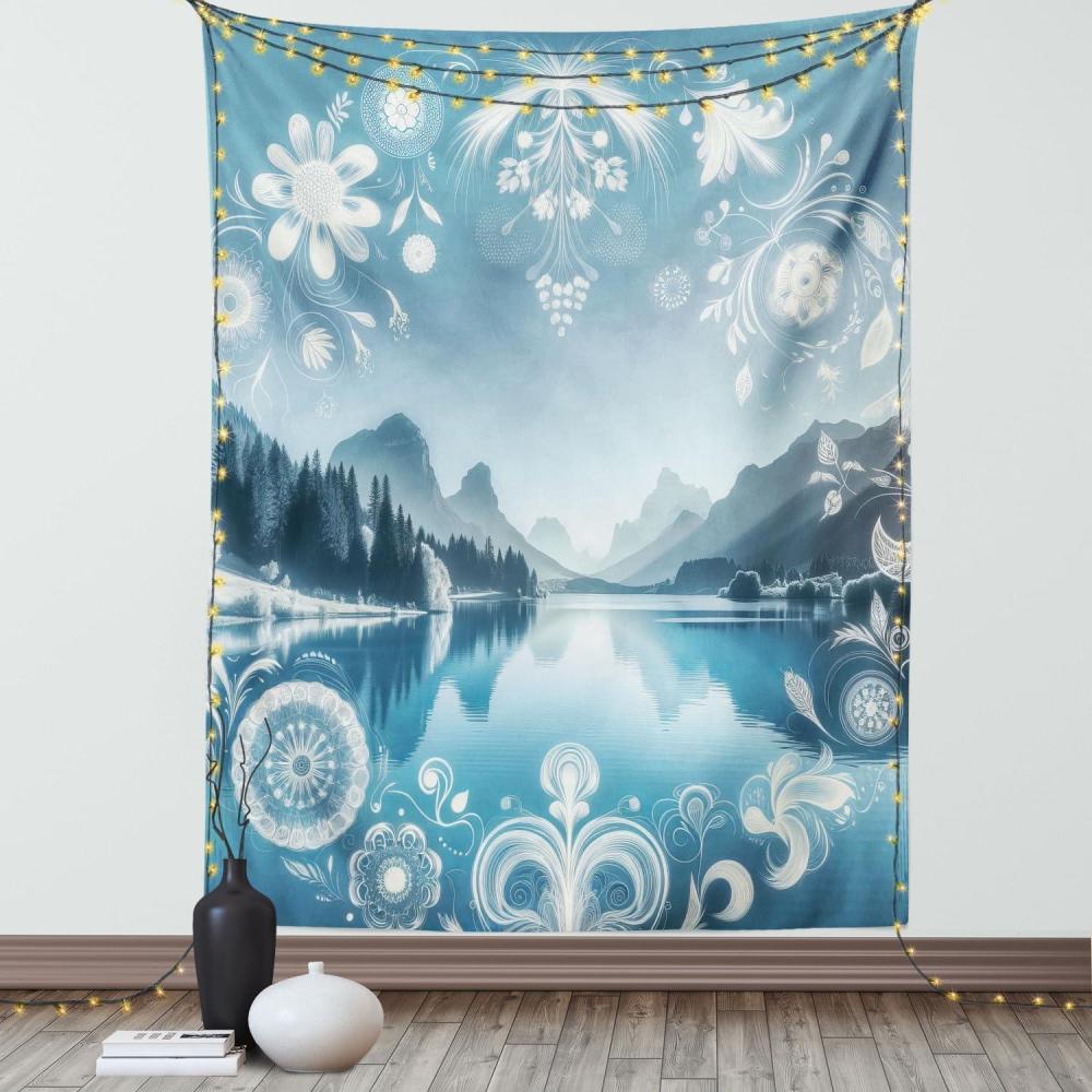 imageAmbesonne Lake Tapestry Mountains Calm Nature Scenery Botanical Neutral Ornaments Illustration Wall Hanging for Bedroom Living Room Dorm Decor 60quot X 80quot Pale Teal Tan and BrownSlate Blue Sky Blue