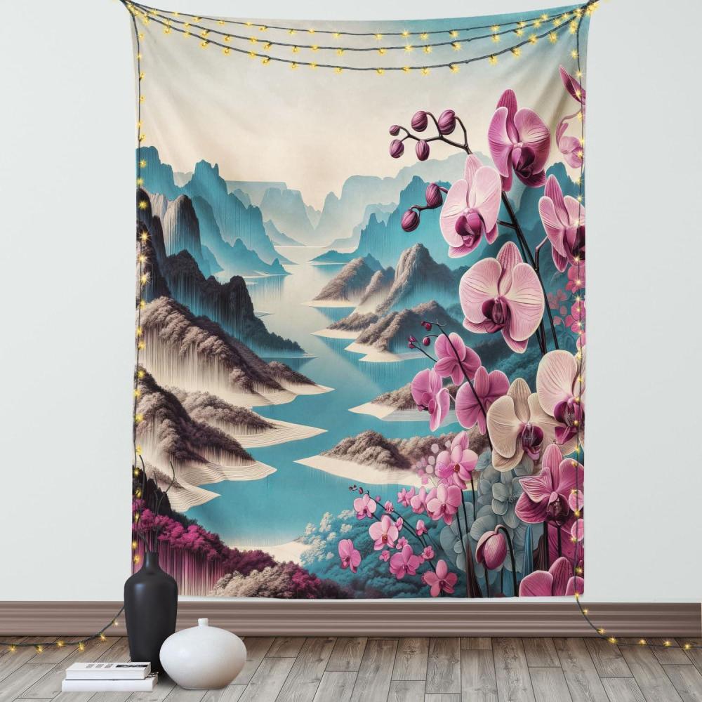 imageAmbesonne Lake Tapestry Mountains Calm Nature Scenery Botanical Neutral Ornaments Illustration Wall Hanging for Bedroom Living Room Dorm Decor 60quot X 80quot Pale Teal Tan and BrownPale Purple and Sea Blue