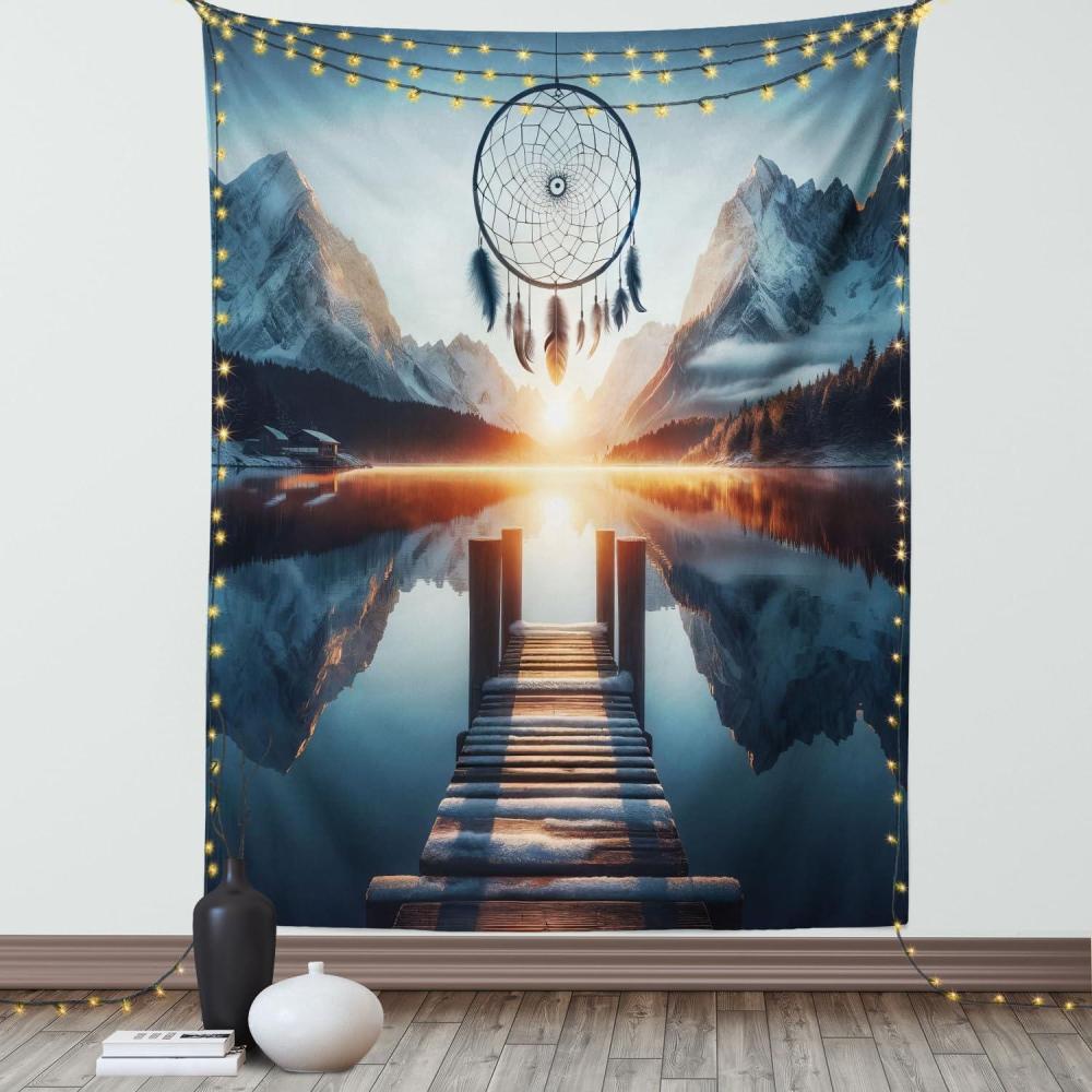 imageAmbesonne Lake Tapestry Mountains Calm Nature Scenery Botanical Neutral Ornaments Illustration Wall Hanging for Bedroom Living Room Dorm Decor 60quot X 80quot Pale Teal Tan and BrownSlate Blue Orange