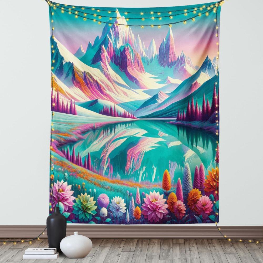 imageAmbesonne Lake Tapestry Mountains Calm Nature Scenery Botanical Neutral Ornaments Illustration Wall Hanging for Bedroom Living Room Dorm Decor 60quot X 80quot Pale Teal Tan and BrownTeal Pastel Pink Indigo