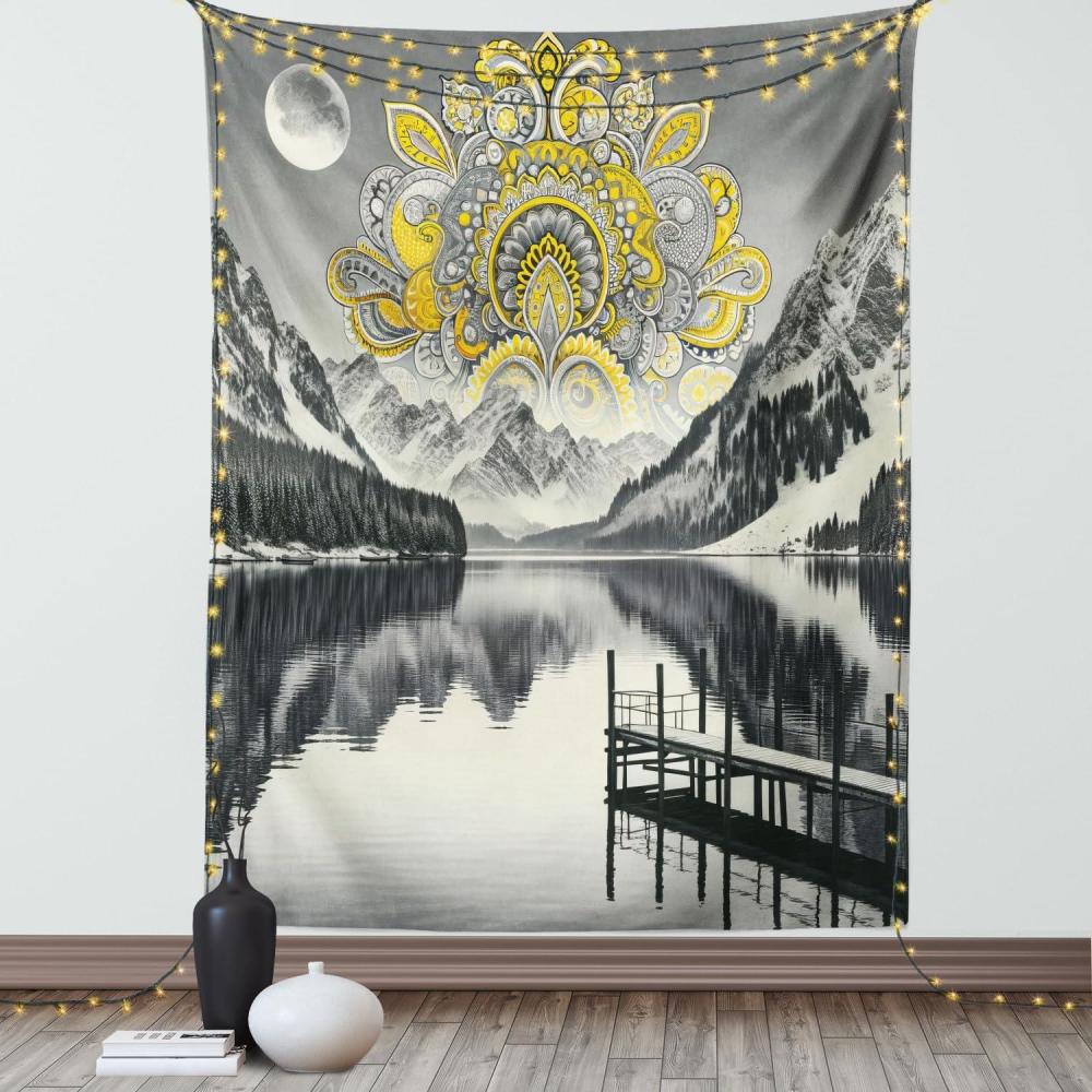 imageAmbesonne Lake Tapestry Mountains Calm Nature Scenery Botanical Neutral Ornaments Illustration Wall Hanging for Bedroom Living Room Dorm Decor 60quot X 80quot Pale Teal Tan and BrownYellow and Grey