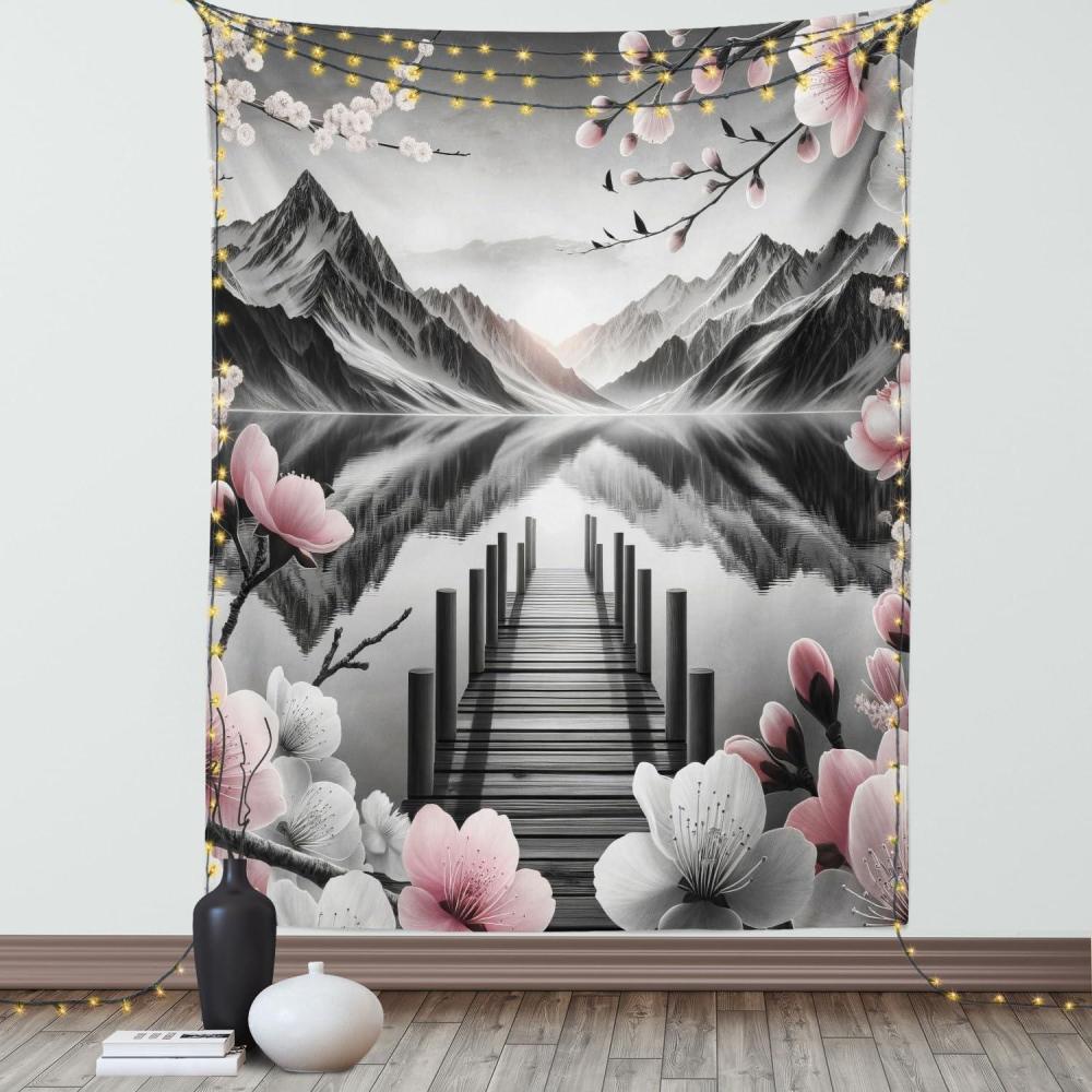 imageAmbesonne Lake Tapestry Mountains Calm Nature Scenery Botanical Neutral Ornaments Illustration Wall Hanging for Bedroom Living Room Dorm Decor 60quot X 80quot Pale Teal Tan and BrownGrey and Blush