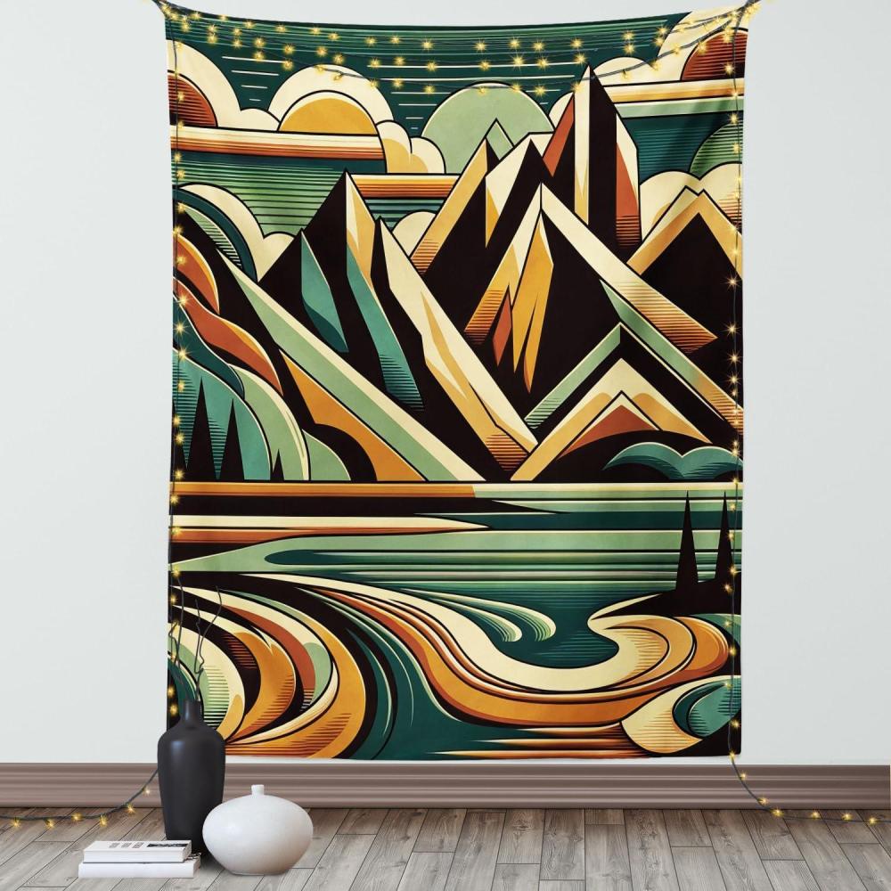 imageAmbesonne Lake Tapestry Mountains Calm Nature Scenery Botanical Neutral Ornaments Illustration Wall Hanging for Bedroom Living Room Dorm Decor 60quot X 80quot Pale Teal Tan and BrownOrange Almond Green