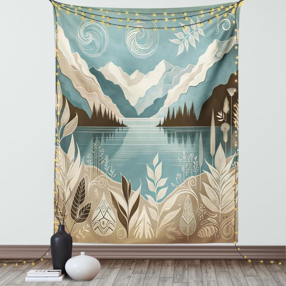 imageAmbesonne Lake Tapestry Mountains Calm Nature Scenery Botanical Neutral Ornaments Illustration Wall Hanging for Bedroom Living Room Dorm Decor 60quot X 80quot Pale Teal Tan and BrownPale Teal Tan and Brown