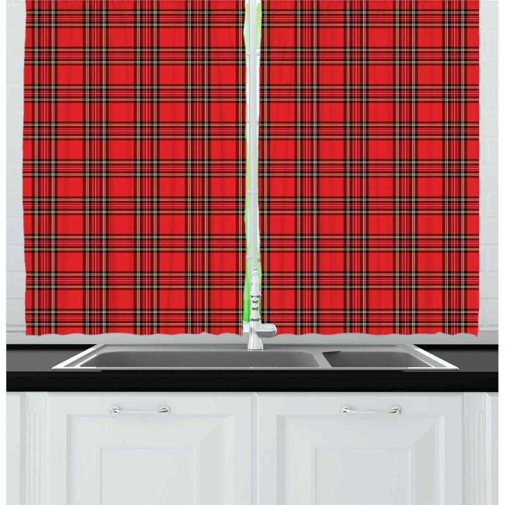 imageAmbesonne Retro Kitchen Curtains Classical Plaid Pattern Scottish Striped Tartan Traditional Graphic Illustration Window Drapes 2 Panel Set for Kitchen Cafe Decor 55quot X 39quot Vermilion BlackVermilion Black