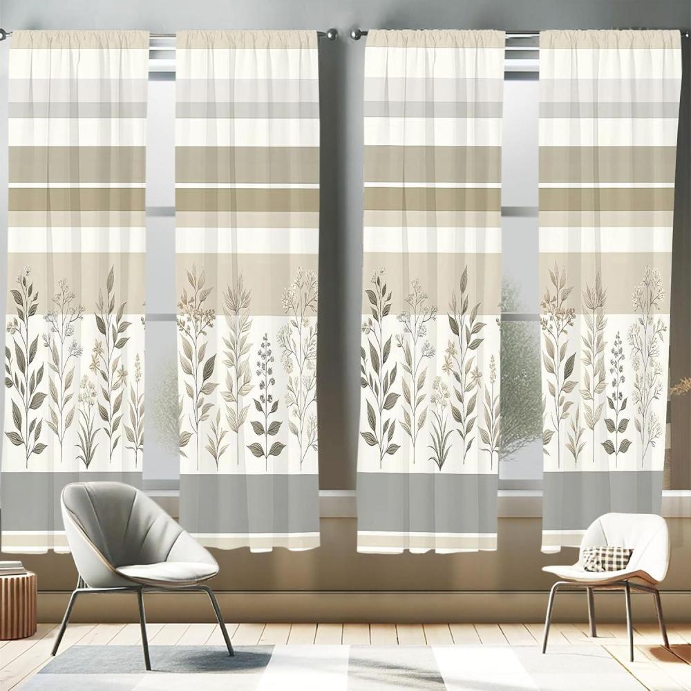 imageAmbesonne Striped Window Curtains Pack of 2 Modern Minimalist Leafy Scene Neutral Boho Stripes with Floral Details Lightweight Set ampamp Rod Pocket 4 Panels of 28quot x 63quot Pale Grey Eggshell Dusk
