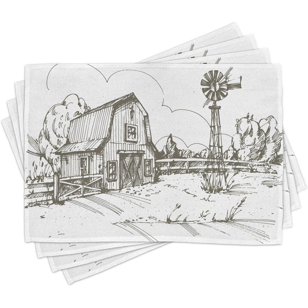 imageAmbesonne Windmill Place Mats Set of 4 Rustic Barn Farmhouse Hand Drawn Illustration Countryside Rural Meadow Washable Fabric Placemats for Dining Table Standard Size Taupe