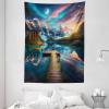 Ambesonne Lake Tapestry, Mountains Calm Nature Scenery Botanical Neutral Ornaments Illustration, Wall Hanging for Bedroom Living Room Dorm Decor, 60″ X 80″, Pale Teal Tan and Brown(Coral Dark Turquoise)
