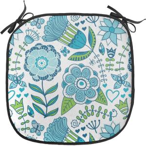 Ambesonne Black and White Chair Seating Cushion Set of 4, Vintage Floral Pattern Victorian Classic Royal Inspired New Modern Art, Anti-Slip Seat Padding for Kitchen & Patio, 16″x16″, White and Black(Blue Apple Green White)