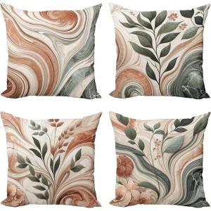 Ambesonne Botanical Throw Pillow Cushion Cover Set of 4, Modern and Warm Neutral Marble Print and Leafy Branches Abstract Waves, Decorative Accent Double-Sided Printing, 24″, Pale Cinnamon Green