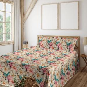 Ambesonne Butterflies Sheet Set, Watercolor Design Branches Spring Life on Neutral Colored Backdrop, Fitted and Flat Sheet with Pillowcases Bedding Accent 4 Piece Set, Queen, Pale Grey Sepia Blush(Almond Rose Turquoise)