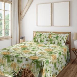 Ambesonne Butterflies Sheet Set, Watercolor Design Branches Spring Life on Neutral Colored Backdrop, Fitted and Flat Sheet with Pillowcases Bedding Accent 4 Piece Set, Queen, Pale Grey Sepia Blush(Olive Green and Peach)
