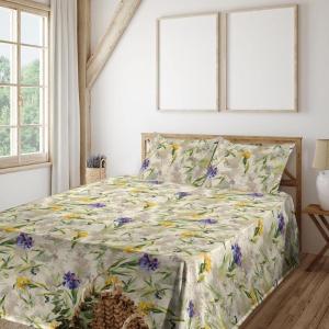 Ambesonne Butterflies Sheet Set, Watercolor Design Branches Spring Life on Neutral Colored Backdrop, Fitted and Flat Sheet with Pillowcases Bedding Accent 4 Piece Set, Queen, Pale Grey Sepia Blush(Cream Mustard Blue Violet)