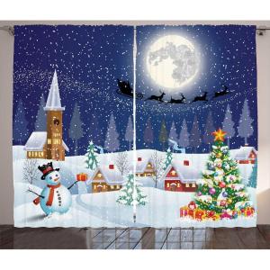 Ambesonne Christmas Curtains, Winter Season Snowman Xmas Tree Santa Sleigh Moon Present Boxes Snow and Stars, Living Room Bedroom Window Drapes 2 Panel Set, 108″ X 84″, Off White Blue