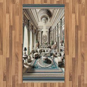 Ambesonne Classic Area Rug, Hedonistic Pampered Room in Muted Tones Neutral Colors Rich Ornament, Flat Woven Accent Rug for Living Room Bedroom Dining Room, 4′ X 5′ 7″, Coconut and Off White(Coconut and Sea Blue)