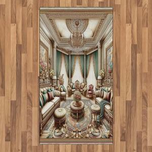 Ambesonne Classic Area Rug, Hedonistic Pampered Room in Muted Tones Neutral Colors Rich Ornament, Flat Woven Accent Rug for Living Room Bedroom Dining Room, 4′ X 5′ 7″, Coconut and Off White(Ecru Seafoam and Cocoa)