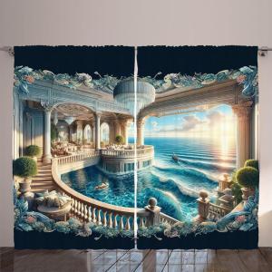 Ambesonne Classic Curtains, Extravagant Hall with Oceanic and Neutral Color Details Room View Print, Living Room Bedroom Window Drapes 2 Panel Set, 108″ X 90″, Coconut and Sea Blue(Dark Turquoise and Ecru)