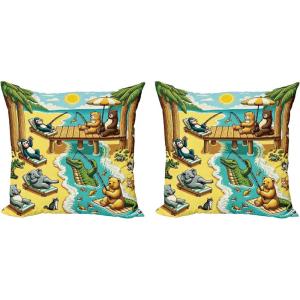 Ambesonne Classic Decorative Throw Pillow Case Pack of 2, Extravagant Hall with Oceanic and Neutral Color Details Room View Print, Couch Bedroom Living Room Cushion Cover, 18″, Coconut and Sea Blue(Yellow Aqua Green)