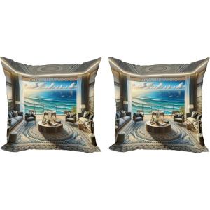 Ambesonne Classic Decorative Throw Pillow Case Pack of 2, Extravagant Hall with Oceanic and Neutral Color Details Room View Print, Couch Bedroom Living Room Cushion Cover, 18″, Coconut and Sea Blue(Coconut Blue and Turquoise)