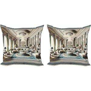 Ambesonne Classic Decorative Throw Pillow Case Pack of 2, Extravagant Hall with Oceanic and Neutral Color Details Room View Print, Couch Bedroom Living Room Cushion Cover, 18″, Coconut and Sea Blue(Coconut and Sea Blue)