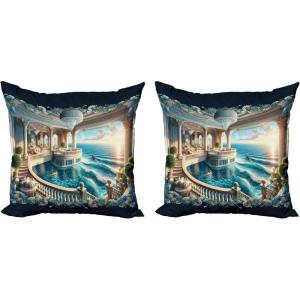 Ambesonne Classic Decorative Throw Pillow Case Pack of 2, Extravagant Hall with Oceanic and Neutral Color Details Room View Print, Couch Bedroom Living Room Cushion Cover, 18″, Coconut and Sea Blue(Dark Turquoise and Ecru)