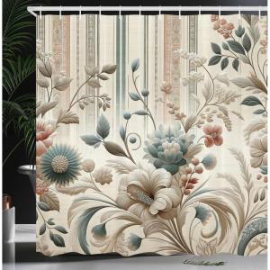 Ambesonne Classic Shower Curtain, Hedonistic Pampered Room in Muted Tones Neutral Colors Rich Ornament, Cloth Fabric Bathroom Decor Set with Hooks, 69″ W x 84″ L, Coconut and Off White(Eggshell Pale Slate Blue)