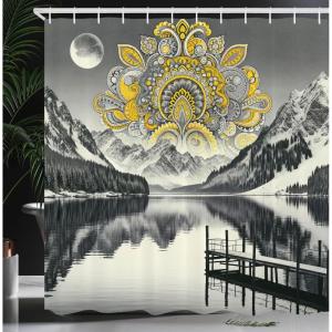 Ambesonne Classic Shower Curtain, Hedonistic Pampered Room in Muted Tones Neutral Colors Rich Ornament, Cloth Fabric Bathroom Decor Set with Hooks, 69″ W x 84″ L, Coconut and Off White(Yellow and Grey)