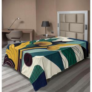 Ambesonne Eucalyptus Leaves Flat Sheet, Leafy Branches Summer Flowers on Neutral Marble Print Back, Soft Comfortable Top Sheet Decorative Bedding 1 Piece, Queen Size, Fern Green Pastel Yellow(Teal Mustard Blue)